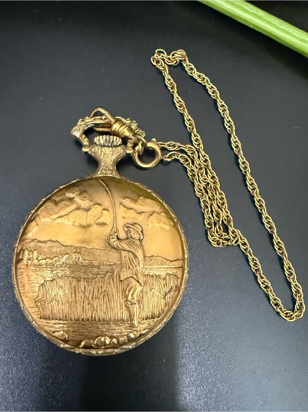 Vintage ARNEX 17 Jewel Incabloc Swiss Fisherman Gold Plated Chain Pocket Watch